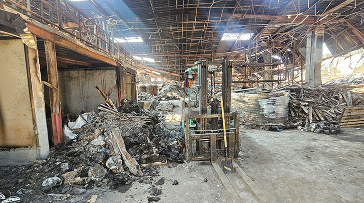 Interior view of a warehouse fire