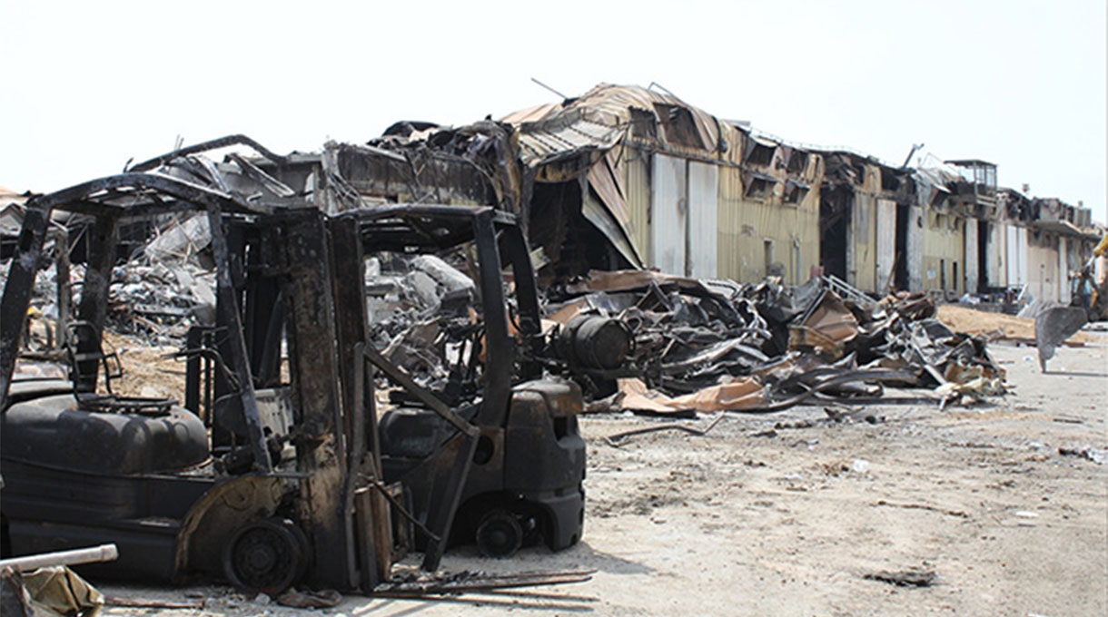 Exterior view of warehouse after a fire
