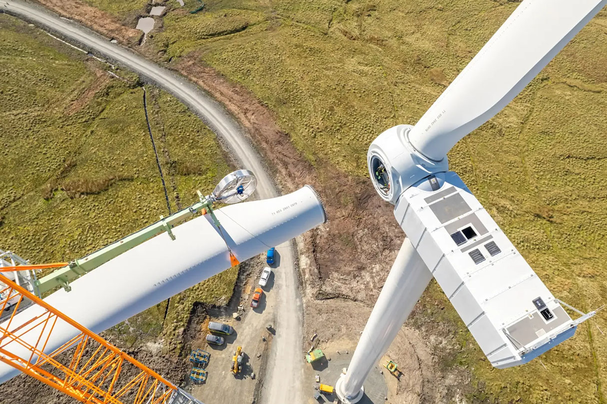 Wind turbine installation ongoing with access roads in view